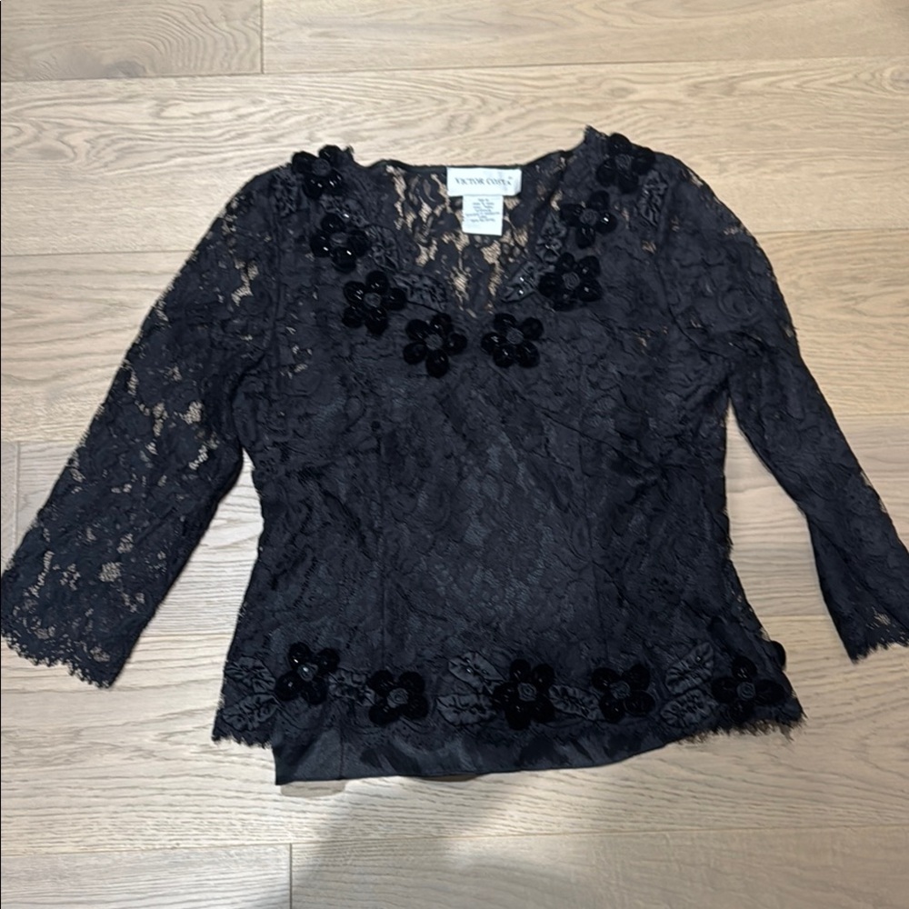 Victor Costa Black Lace Embellished Blouse